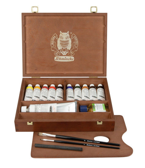 Picture of Mussini small wooden box, with 10x 35 ml tubes, white in 150 ml, painting medium, charcoal and 2 brushes